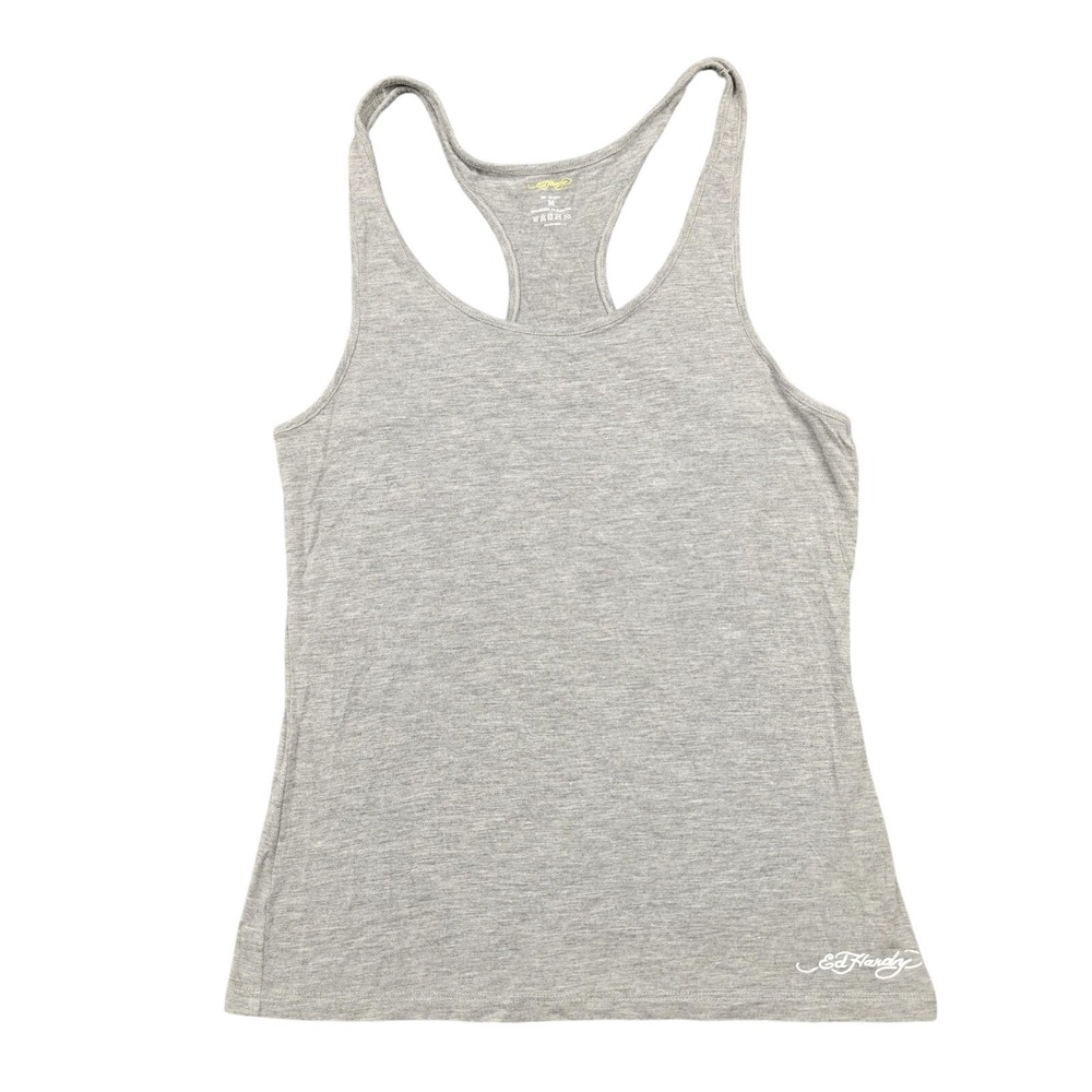 Ed Hardy Tank Top Womens M Grey Racerback Modal Stretch Jersey Summer Casual